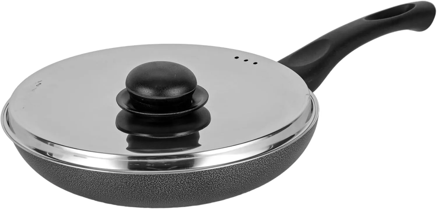 Royalford 22cm Aluminum Nonstick Frypan with Stainless Steel Lid RF12519 Strong Body with 3 Layer Coating and Heat Resistant Bakelite Handle Perfect for Frying, Sauting, Tempering/Red