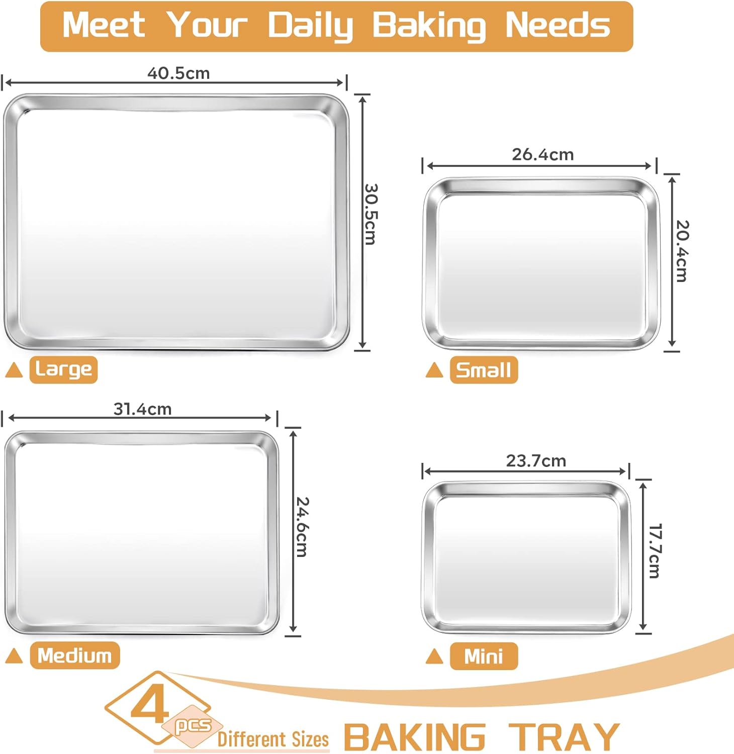 onader baking tray set of 4, stainless steel oven trays rectangle cookie sheet pan, perfect for baking cooking serving, non toxic & healthy, heavy duty & sturdy, mirror finished & dishwasher safe