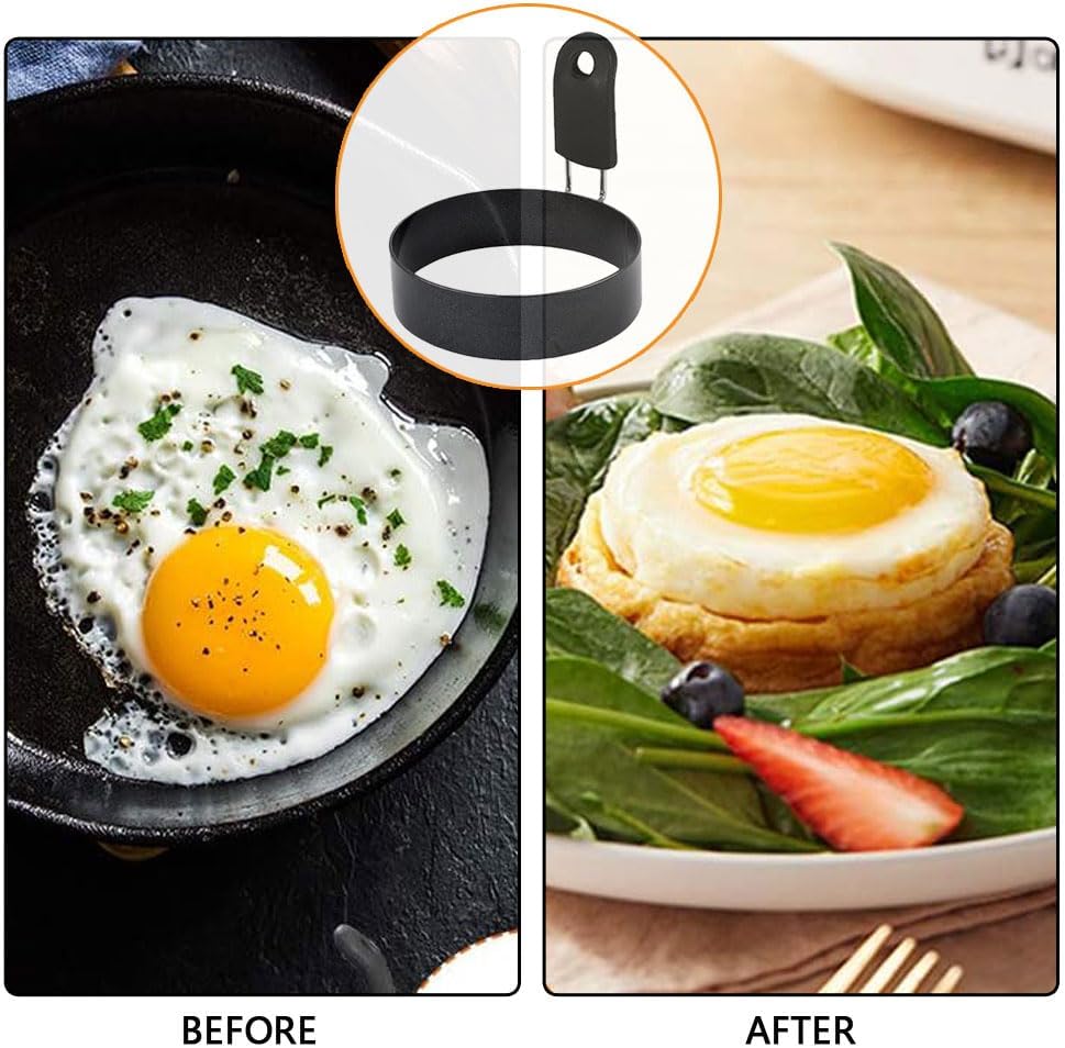 hooto 4pcs egg rings with silicone handle, stainless steel egg cooking rings, nonstick, round mold shaper for frying eggs and egg mcmuffins, egg mold for breakfast 7.5cm with brush