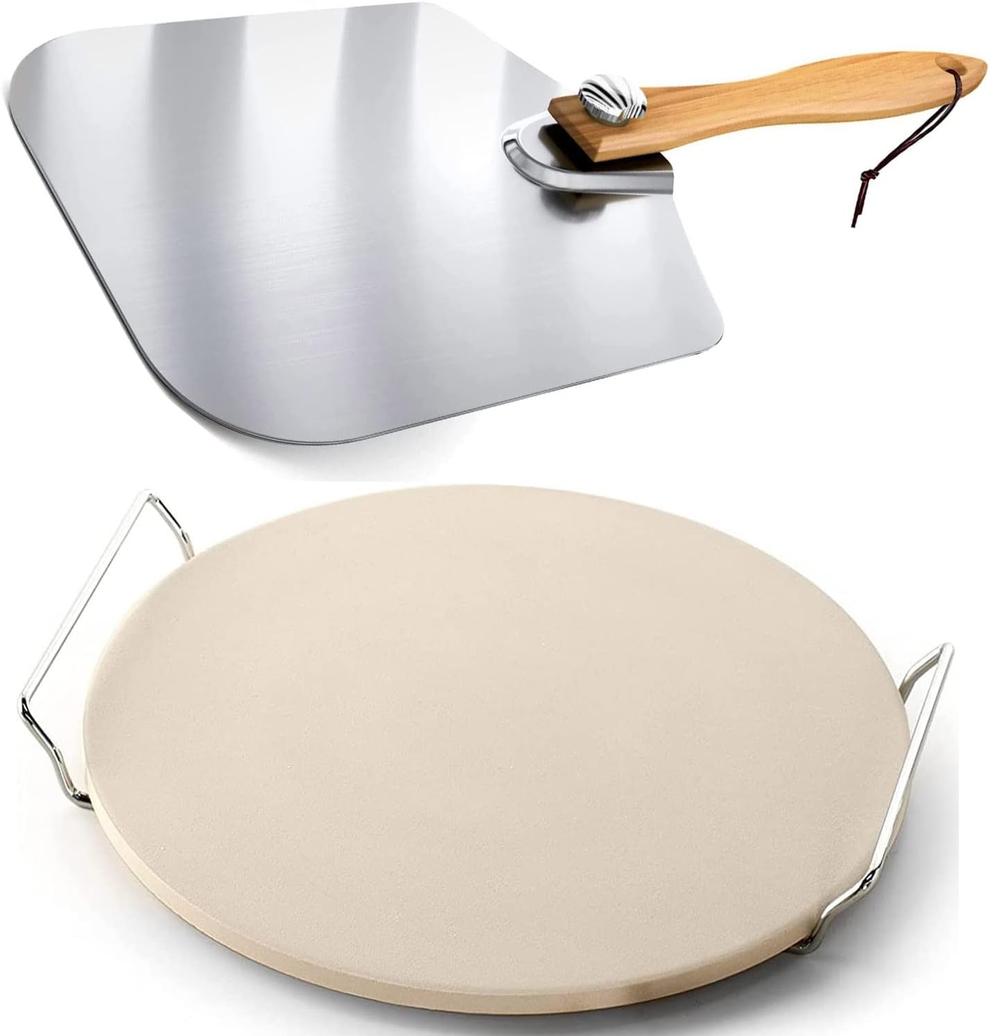 premify pizza stone with pizza peel, pizza stone set for oven and grill,33cm round durable and safe baking,2pcs pack
