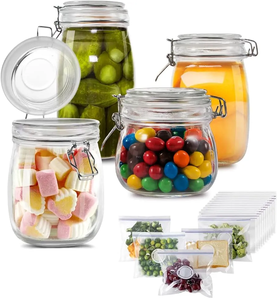 Masthome Glass Jar with Lids 4 PCS Kitchen Container Set Airtight Glass Storage Preserving Jars Send 15pcs Food Storage Bags