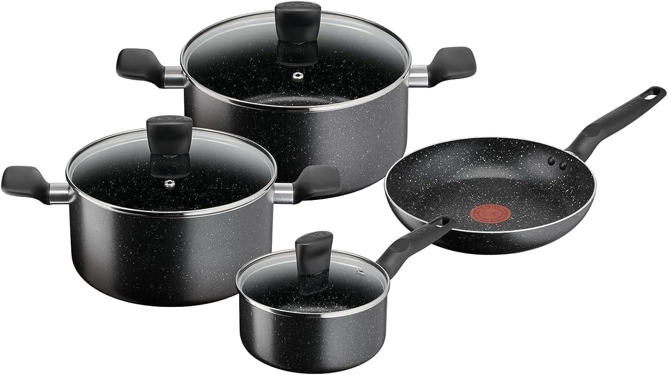 tefal cookware set | dark stone 7 pc cooking set | non stick | stewpots 22/24 cm+lids | saucepan 16 cm | frypan 24 cm | aluminium | 2 years warranty | b491s785