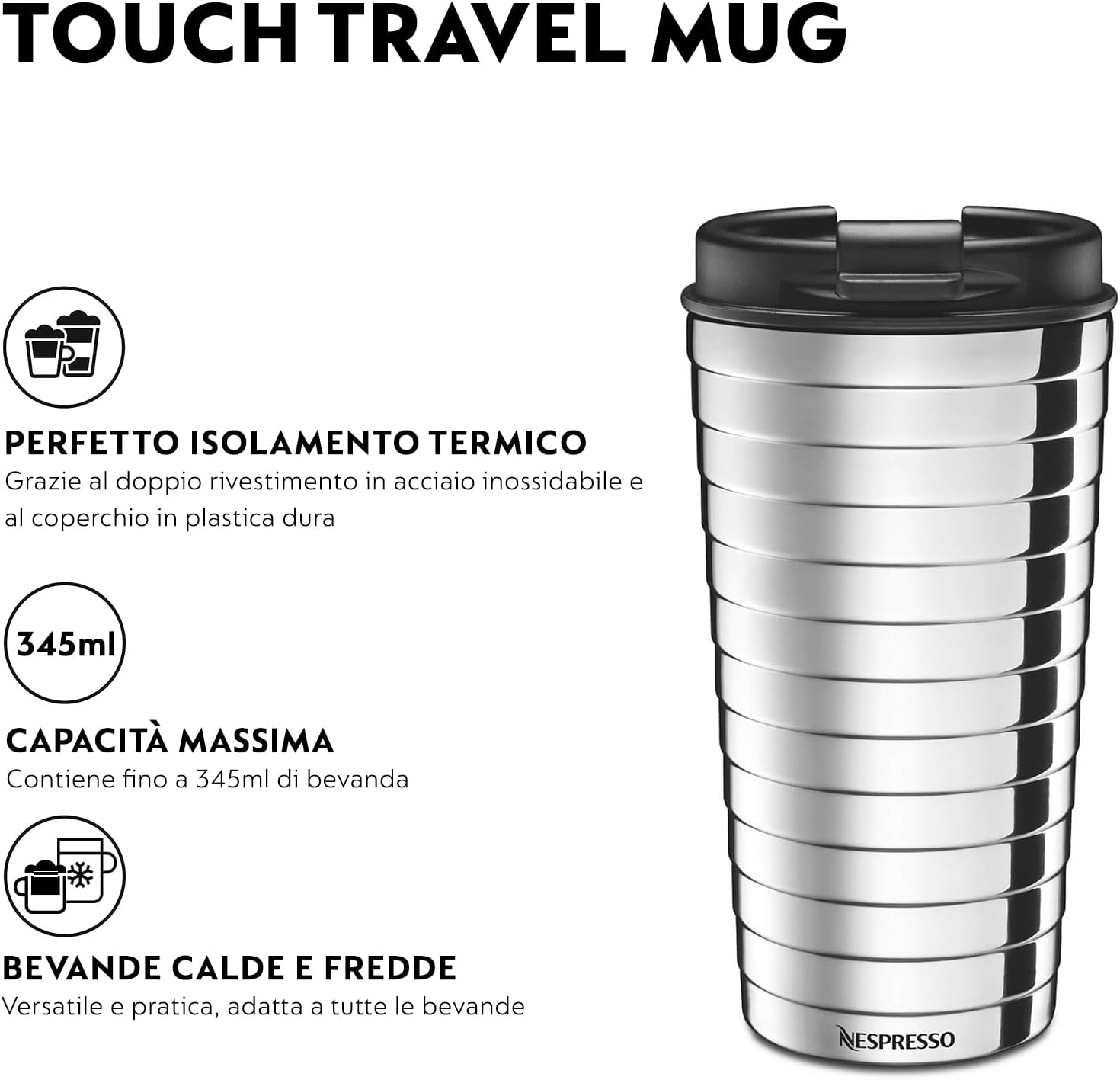 nespresso touch tazza da viaggio in acciaio inox, 16.5 cm, colore argento