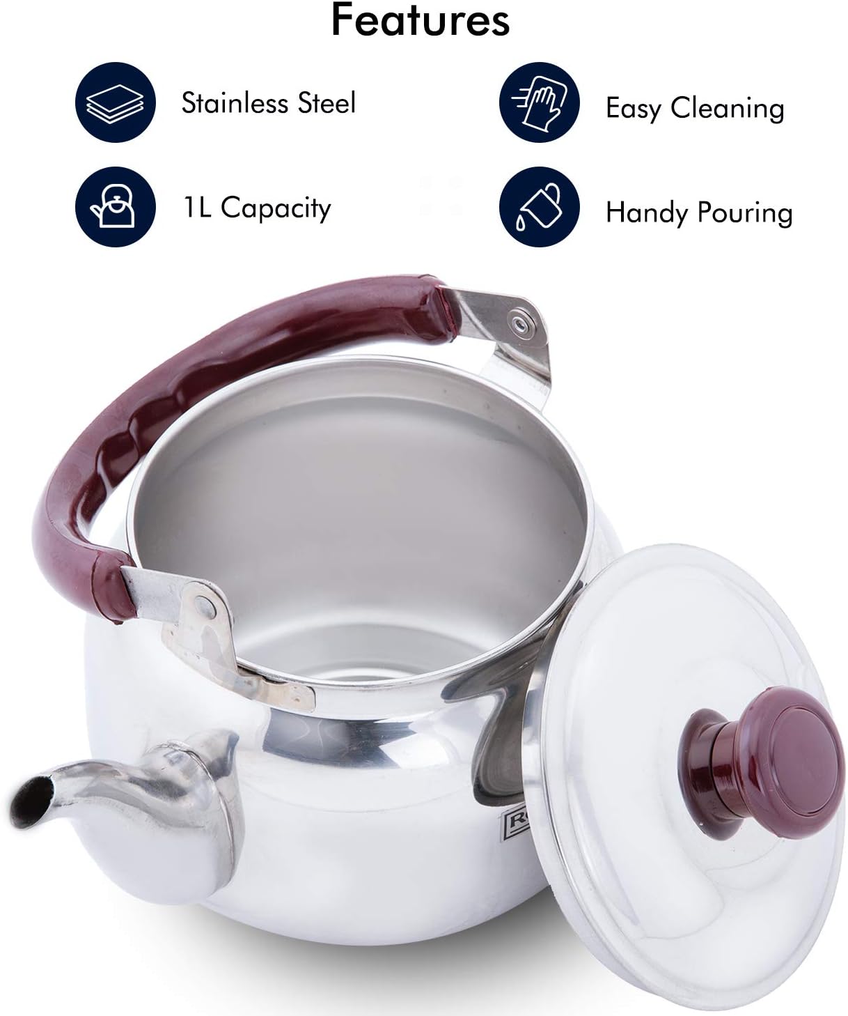 royalford stove top tea kettle – large capacity stainless steel stove top tea pot tea coffee pot ideal for home office & hotel – compact & stylish design with heat resistant handle, 1 liter