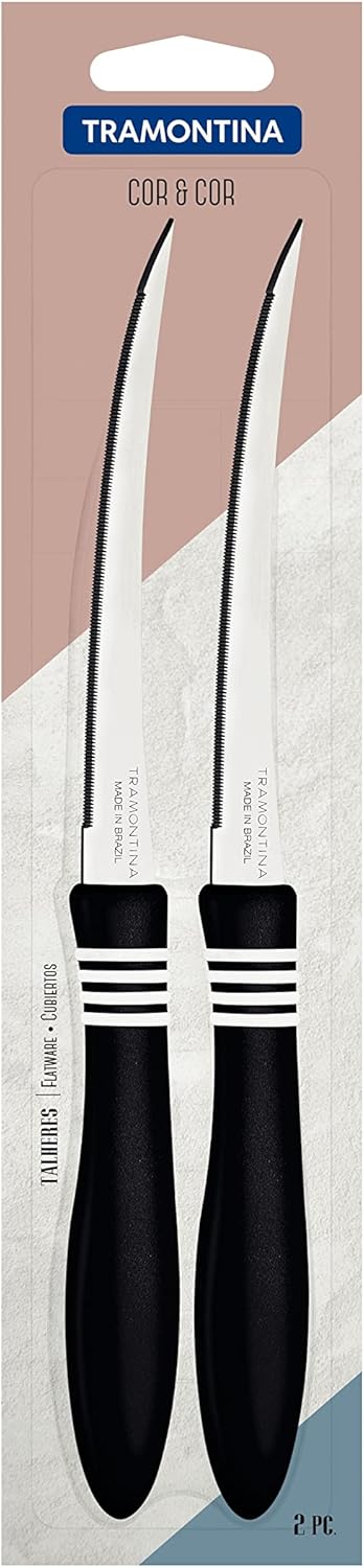 tramontina cor&cor 2 pieces tomato knife set with stainless steel blade and black polypropylene handle