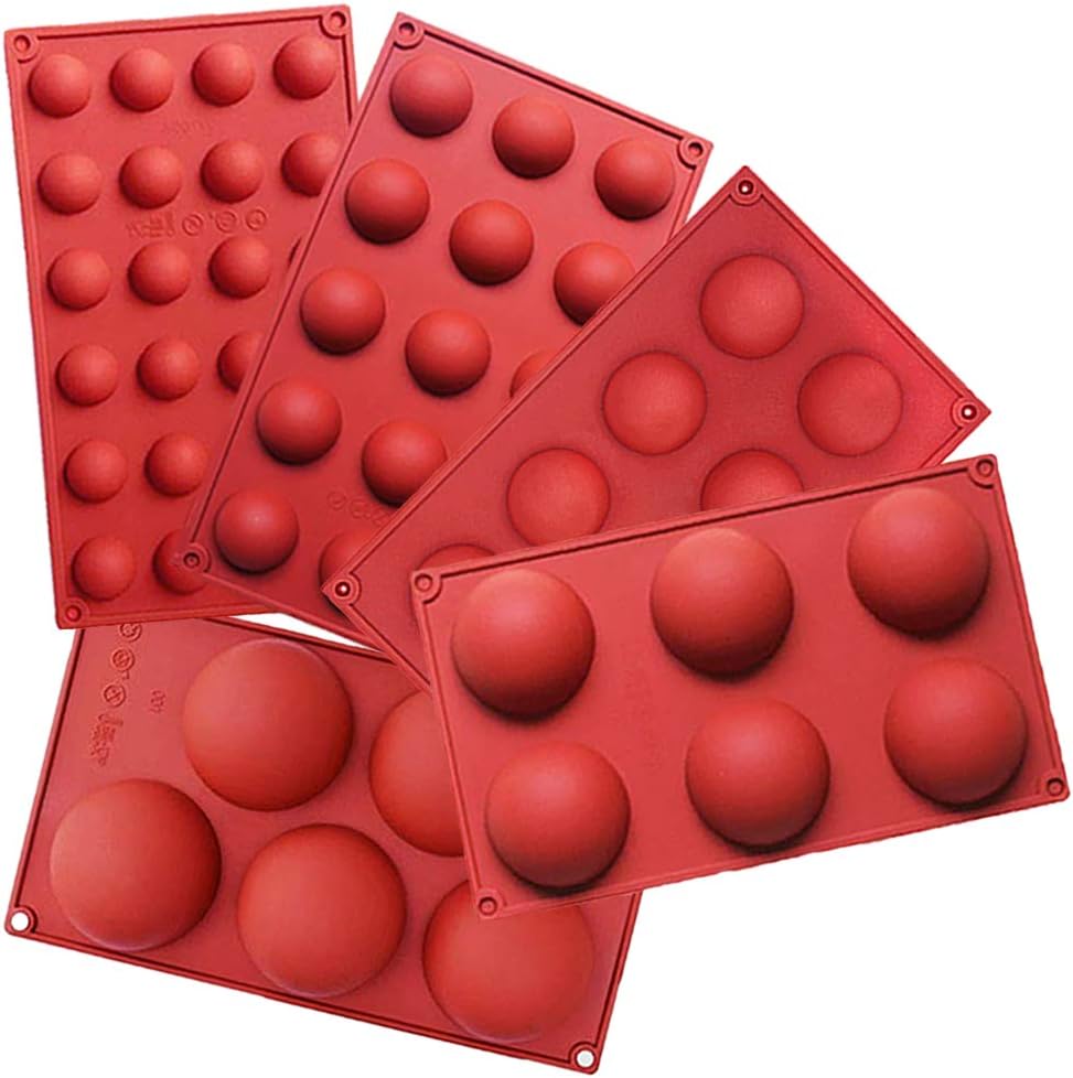 ausplua 5pack sphere silicone molds, silicon dome mold semi sphere baking mould for making candy, chocolate,cake,jelly,variety sizes（brick red)