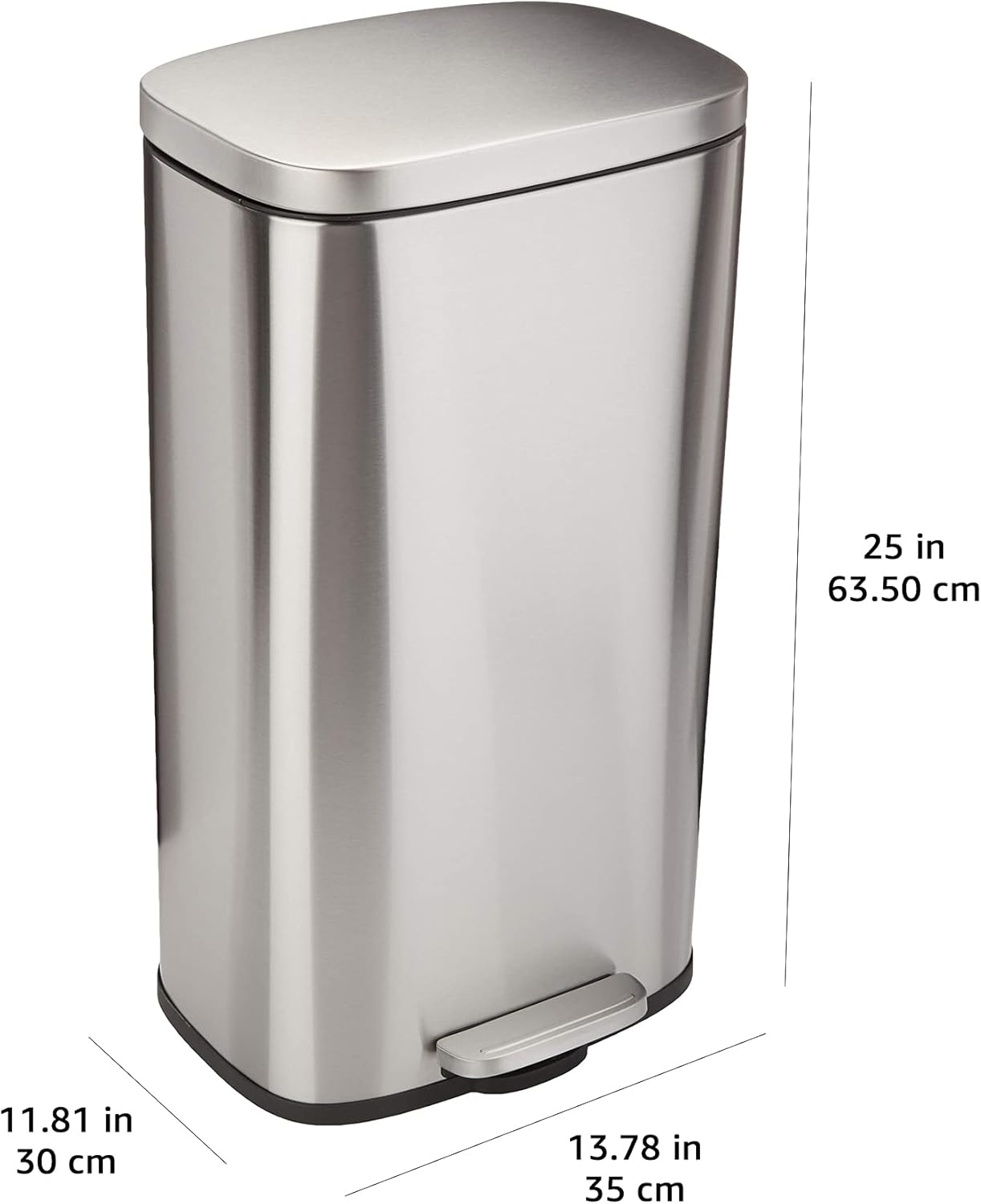 amazon basics smudge resistant rectangular trash can with soft close foot pedal, brushed stainless steel, 30 liter 7.9 gallon, satin nickel finish