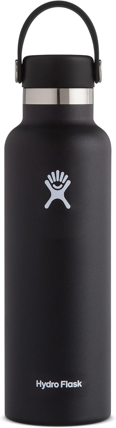 hydro flask 21 oz double wall vacuum insulated stainless steel leak proof sports water bottle, standard mouth with bpa free flex cap, black