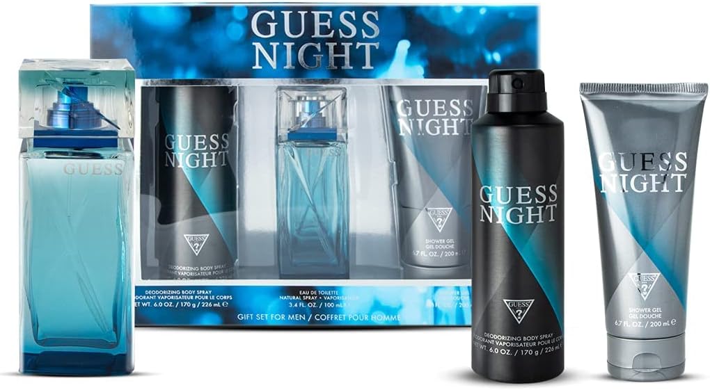guess night men's eau de toilette perfume, 100 ml + 200 ml shower gel + 226 ml body spray set
