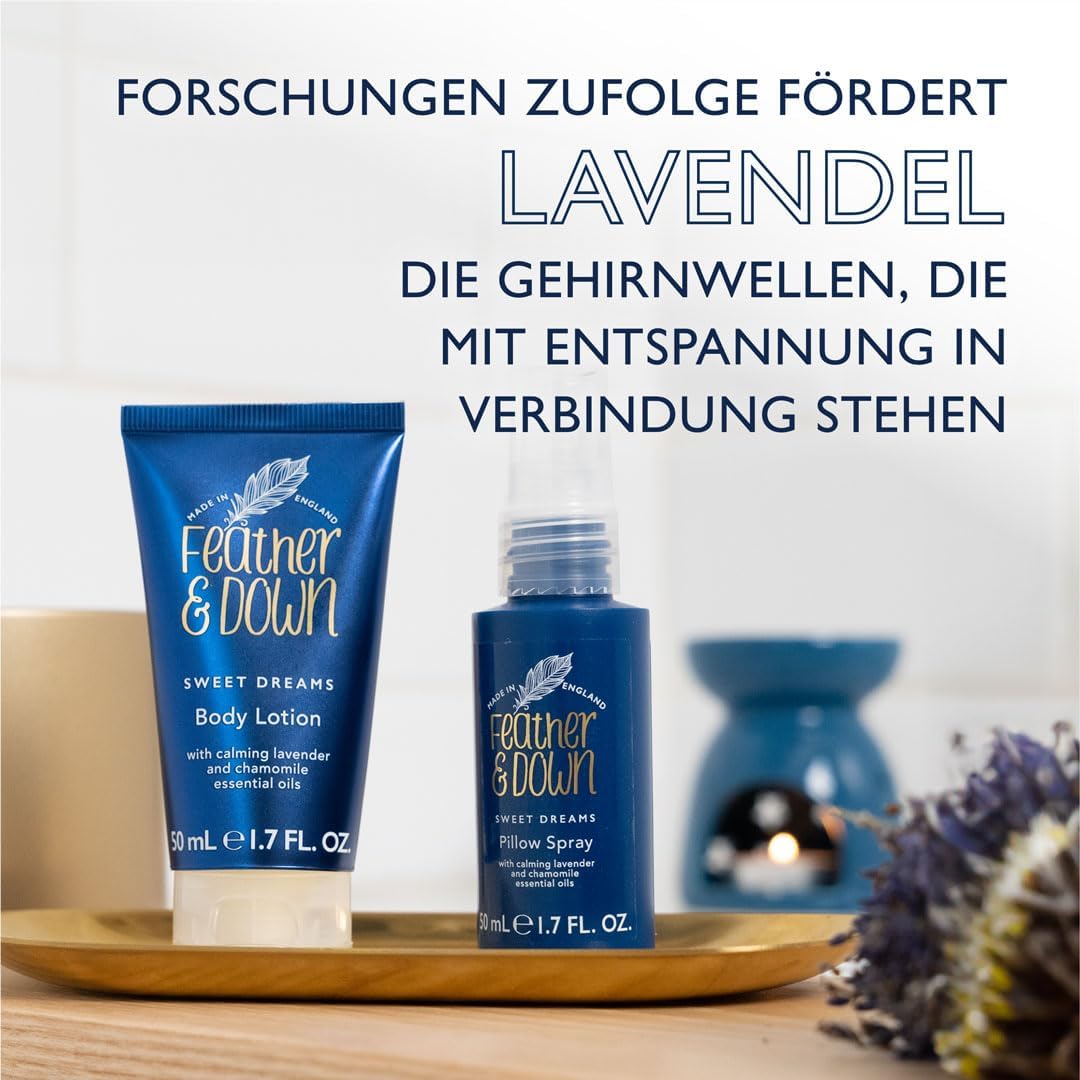 feather & down straight to sleep gift set (50ml pillow spray & 50ml body lotion) the perfect sleep duo, infused with lavender & chamomile essential oils. vegan friendly & cruelty free.