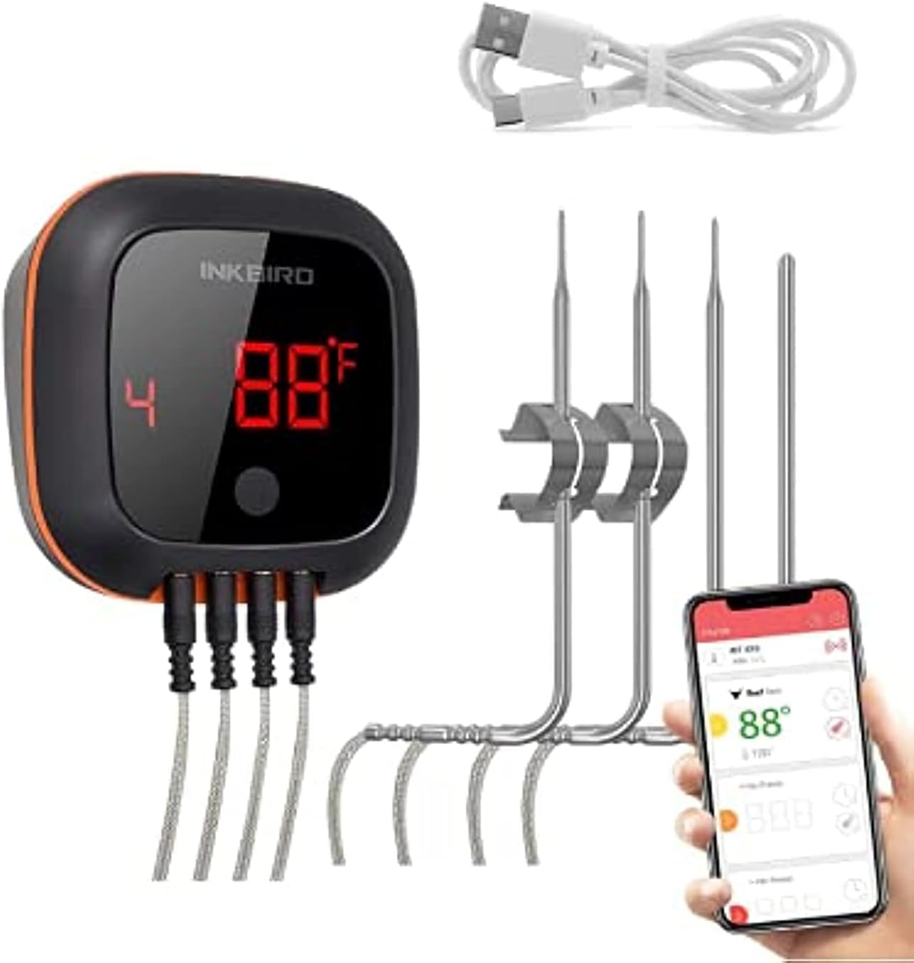 inkbird meat probe ibt 4xs bluetooth wireless grill bbq digital thermometer for grilling weber barbecue cooking kitchen food thermometers for smoker oven candy (ibt 4xs+ 4 probes)