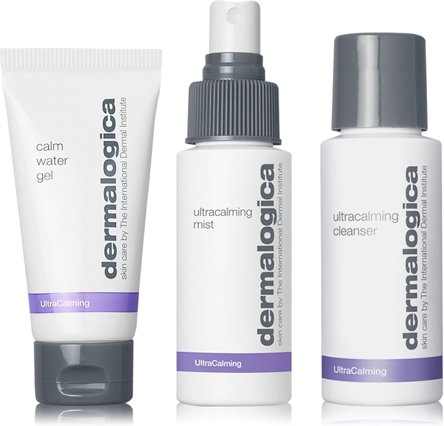 dermalogica sensitive skin rescue kit, calms, soothes, and hydrates, ultracalming cleanser 50ml, ultracalming mist 50ml, calm water gel 14ml.