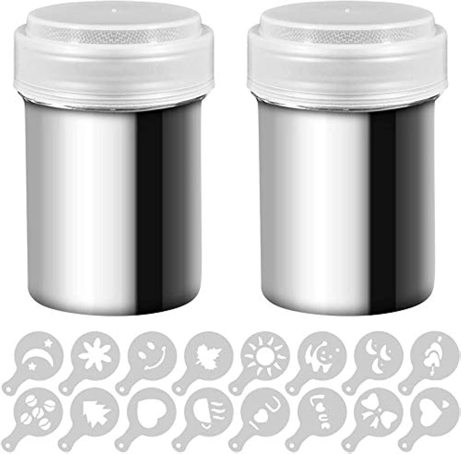 oban 2 stainless steel powder shakers, mesh shaker powder cans for coffee cocoa cinnamon powder with lid, with 16 pcs printing molds stencils