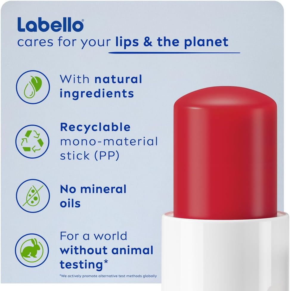 labello cherry shine lip balm, 24h melt in moisture, with shea butter and natural oils enriched with vitamins, with natural ingredients, mineral oil free, vegan, 4.8g