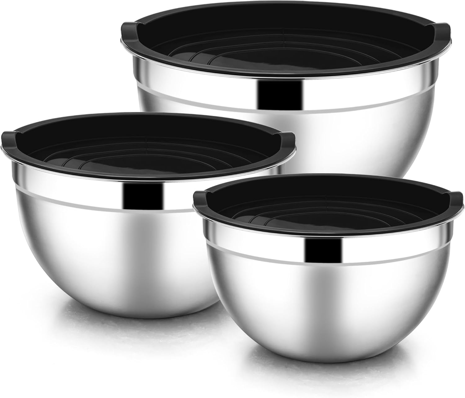 e far mixing bowls with lids, 6 piece stainless steel salad bowls metal nesting bowls for baking cooking and prepping, airtight lids & stackable design, size 4.5, 3, 1.5 qt (black)