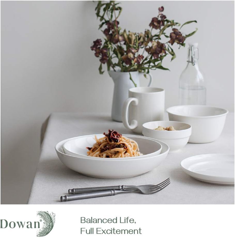dowan 9.75" large pasta bowls, ceramic salad bowls 50 ounce, shallow pasta bowls set of 4, serving bowls and plates set, microwave and dishwasher safe, white