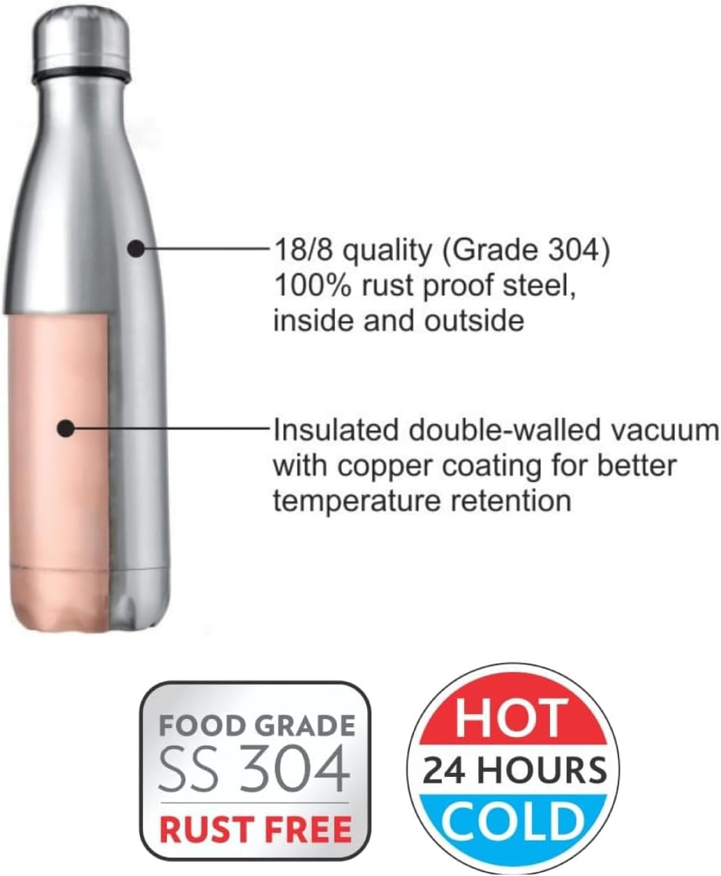 borosil vacuum insulated copper coated inner bolt water bottle, sports bottle, yoga bottle, outdoor, portableleak proof, reusable water bottle stainless steel, 1000 ml, isfgbo1000s