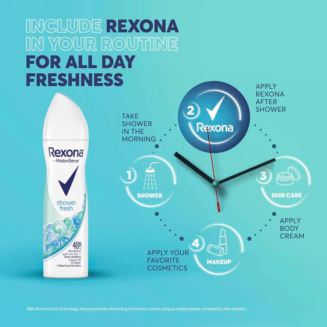 rexona women antiperspirant deodorant spray, 48 hour sweat & odor protection*, shower fresh, with motionsense technology, 3 x 150ml