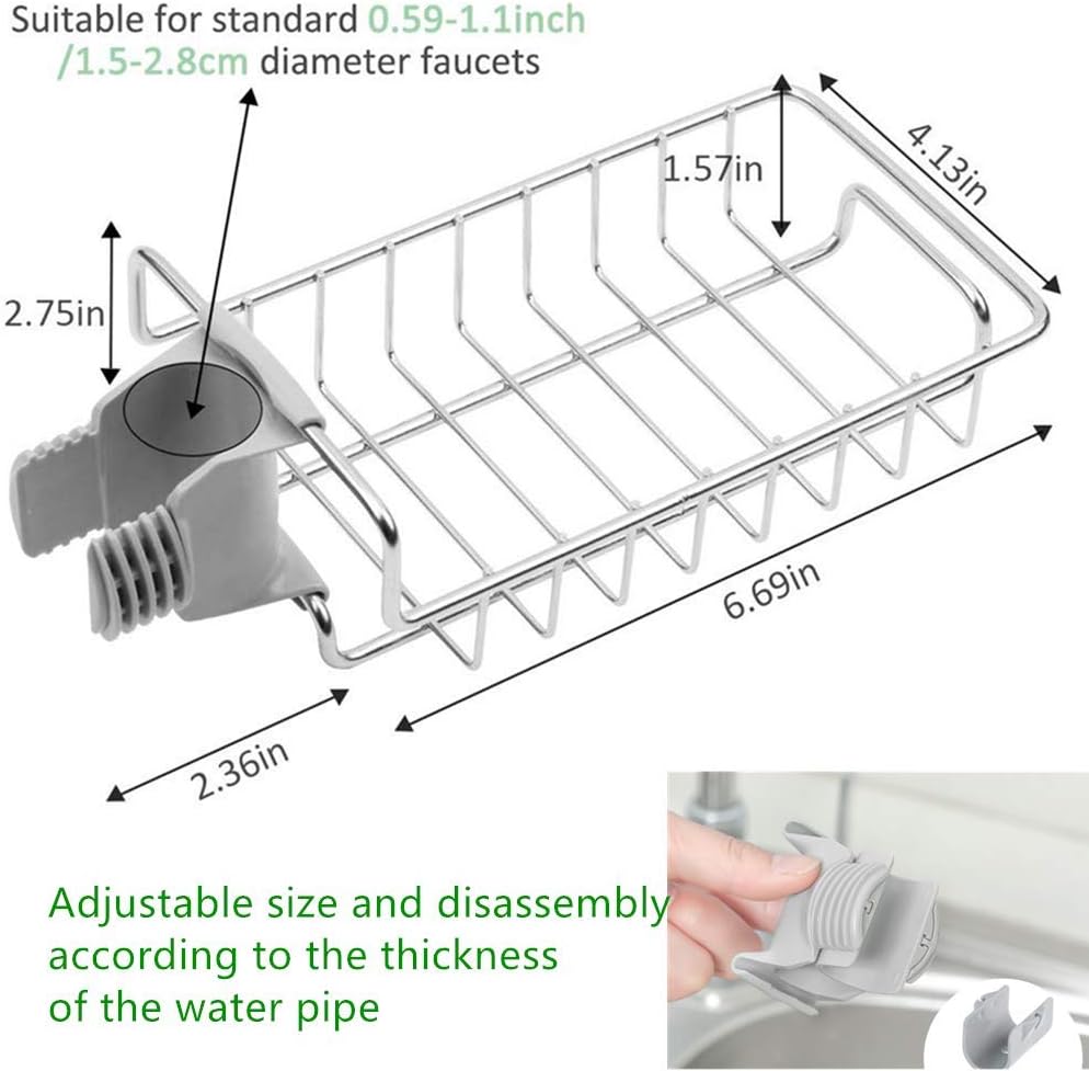 vecu kitchen faucet sponge holder stainless steel sink caddy organizer drain rack for kitchen accessories dishwashing liquid drainer rack bottle brush storage silver, ga 1 spong holder