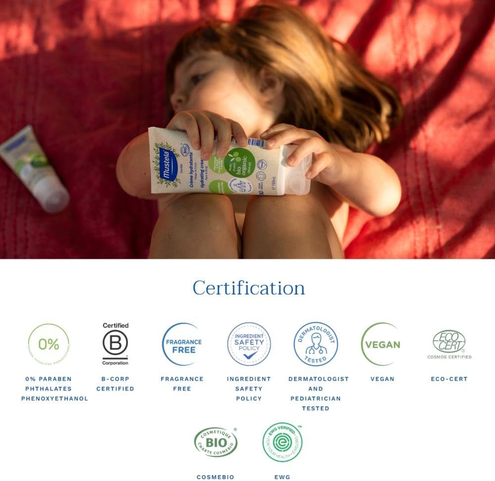 mustela certified organic hydrating cream natural body lotion w/ olive oil, aloe vera & sunflower oil for baby, kid & adult fragrance free, ewg verified & vegan 150ml