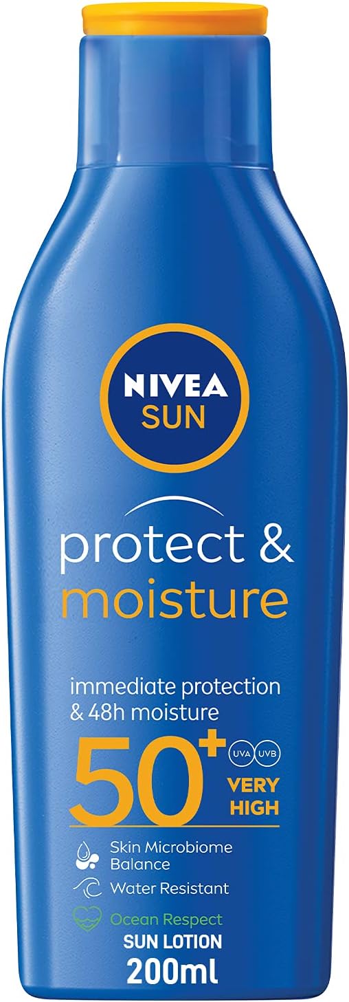 nivea sun lotion, protect & moisture, spf 50+, very high and immediate uva & uvb protection, 48h moisture, water resistant, skin microbiome balance, 200ml