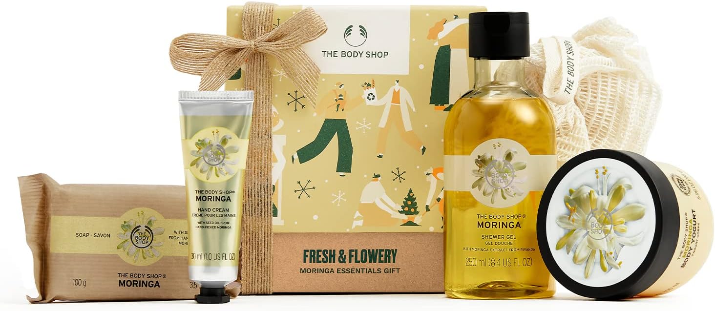 the body shop fresh & flowery moringa essentials gift set, floral skincare treats, 5 items