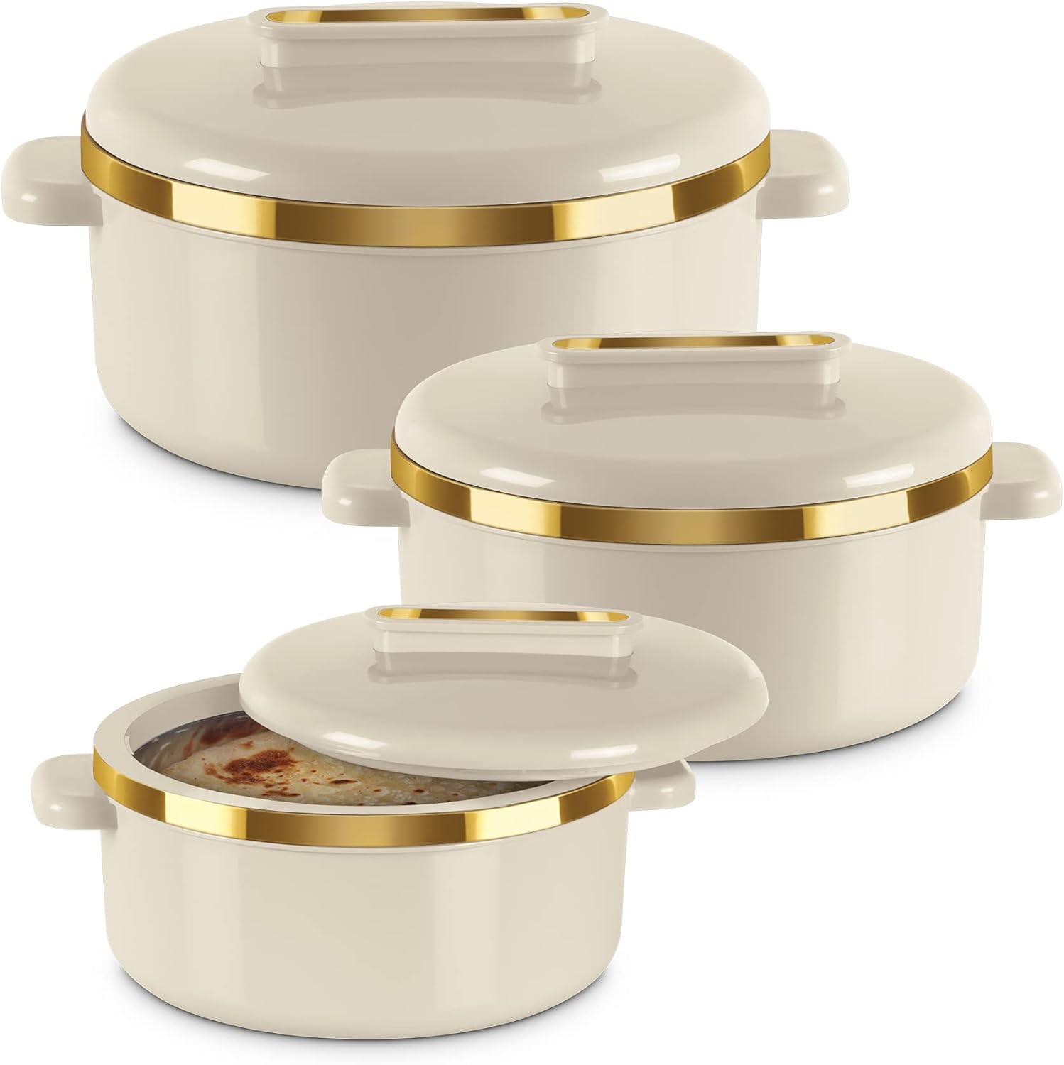 milton casserole set (450/840/1300ml) insulated stainless steel hotpot with lids, food grade, hotbox storage container for serving chapati, roti, حرارات لحفظ الطعام curve ivory