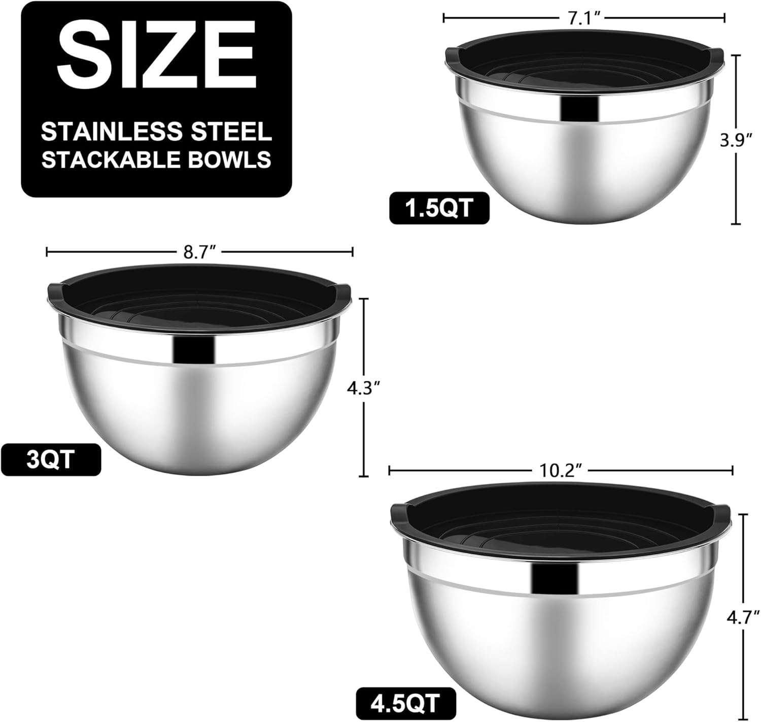 e far mixing bowls with lids, 6 piece stainless steel salad bowls metal nesting bowls for baking cooking and prepping, airtight lids & stackable design, size 4.5, 3, 1.5 qt (black)