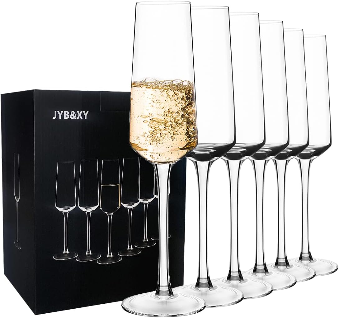 hand blown crystal champagne flutes champagne glasses set of 6 elegant flutes 100％lead free quality sparkling wine stemware set dishwasher safe gift for wedding, anniversary, christmas 8oz clear…