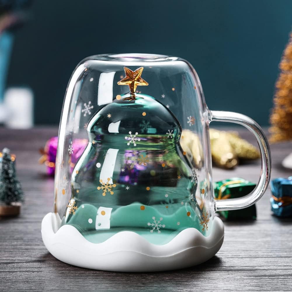binoster cute mugs christmas coffee mug double walled glass mugs milk tea espresso cup christmas tree decorations christmas funny gifts for women men kids girls her best friend（green）