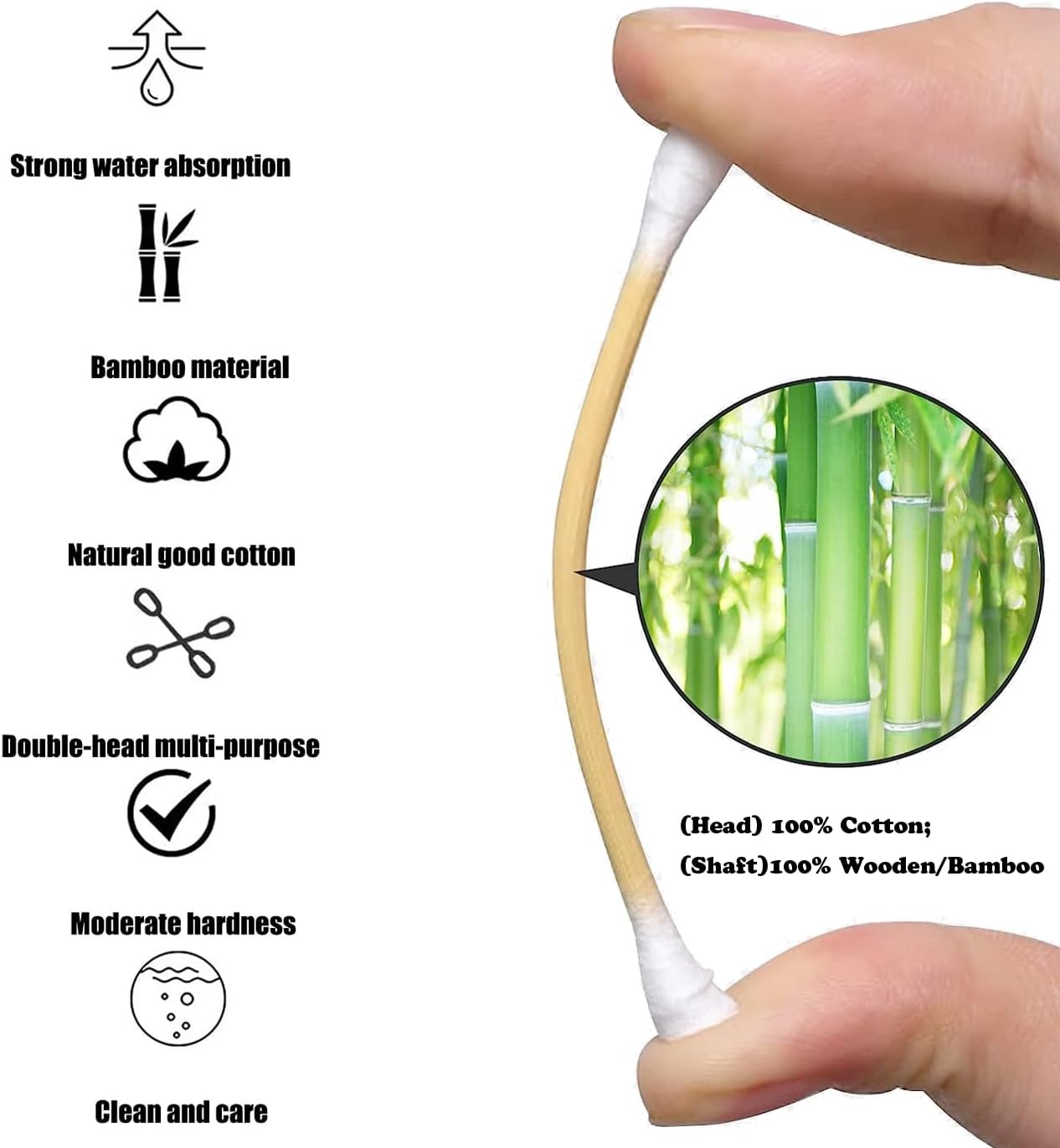 mocui bamboo cotton swabs double tipped round thick tips | 100% cotton biodegradable & organic unbleached natural | q tips safety swabs | wooden cotton buds for ears makeup or nails 500 count