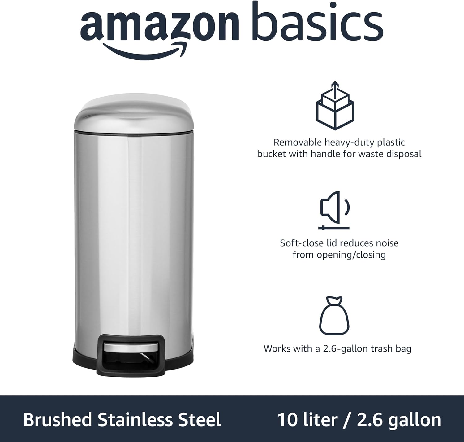 amazonbasics smudge resistant small rectangular trash can with soft close foot pedal for narrow spaces, 10 liter/2.6 gallon, brushed stainless steel