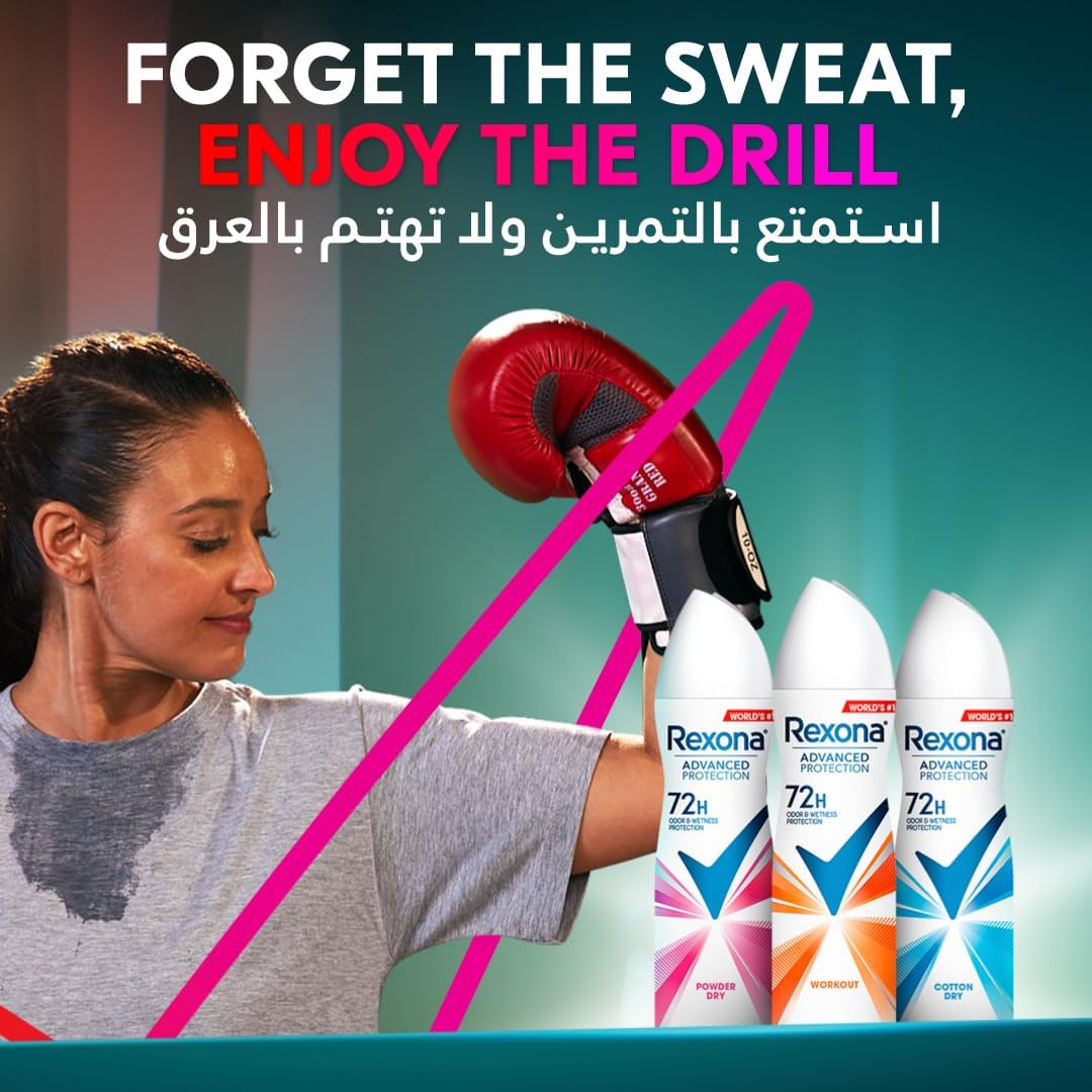rexona women antiperspirant deodorant spray, 72 hour sweat & odor protection, powder dry, with motionsense technology, 150ml