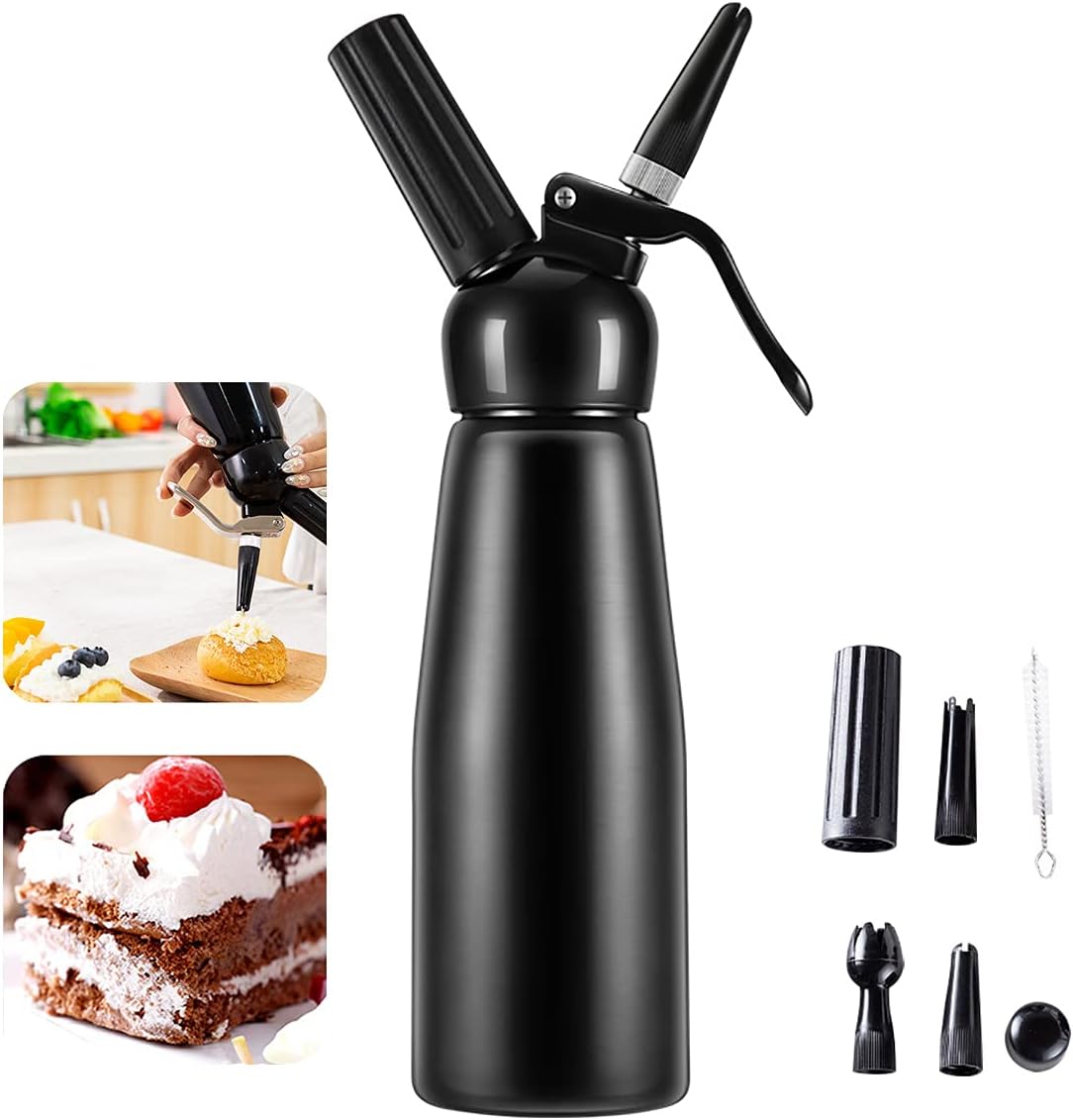 whipped cream dispenser professional aluminum culinary canister cream whipper, durable stainless steel leak free seals with 3 decorating nozzles cream foam maker for cake dessert coffee (500ml, black)
