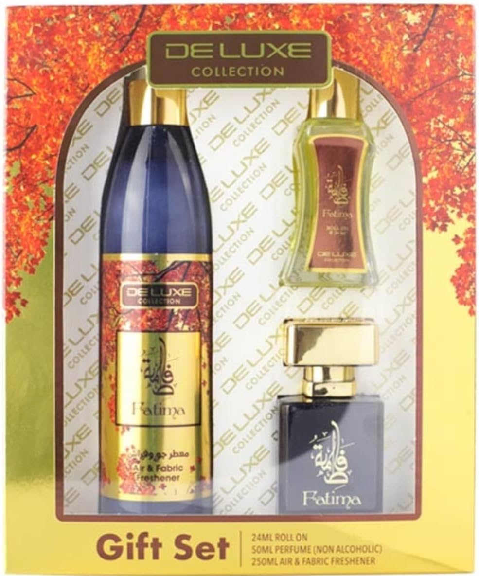hamidi non alcoholic deluxe collection fatima 3 pieces gift set, 250ml air & fabric freshener + 50ml water perfumes + 24ml cpo roll on, perfume for men, perfume for women