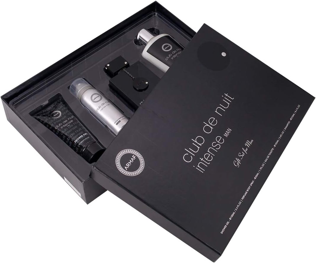 armaf club de nuit intense man, 4 piece gift set, cdn intense man edt 105ml, perfumed body spray 50ml, shampoo 250ml, shower gel 100ml, for him