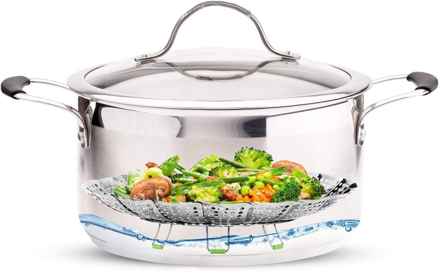 yunfeng steamer basket stainless steel vegetable steamer basket folding steamer insert for veggie fish seafood cooking for herbs, chicken, meat & vegetables with oven mitts (9 in)