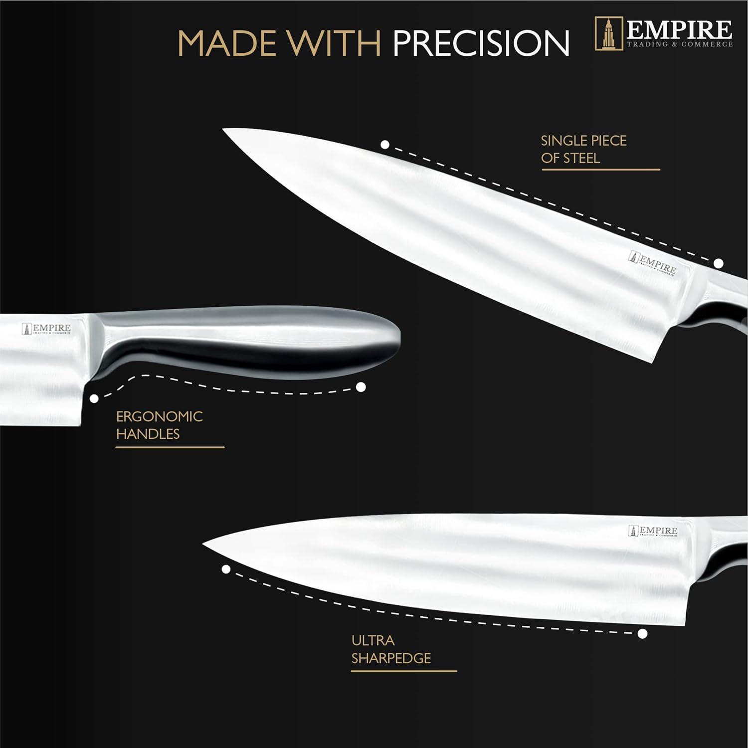 empire trading & commerce knife set, 5pcs kitchen knife set with sharpener, knife set for kitchen with block, kitchen accessories, stainless steel kitchen knives, kitchen essentials