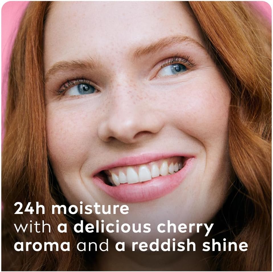 labello cherry shine lip balm, 24h melt in moisture, with shea butter and natural oils enriched with vitamins, with natural ingredients, mineral oil free, vegan, 4.8g