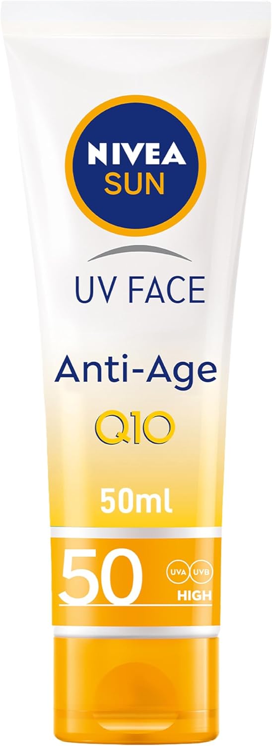 nivea sun face cream, spf 50, high uva and uvb protection, with q10 technology, anti age, water resistant, non greasy, 50ml