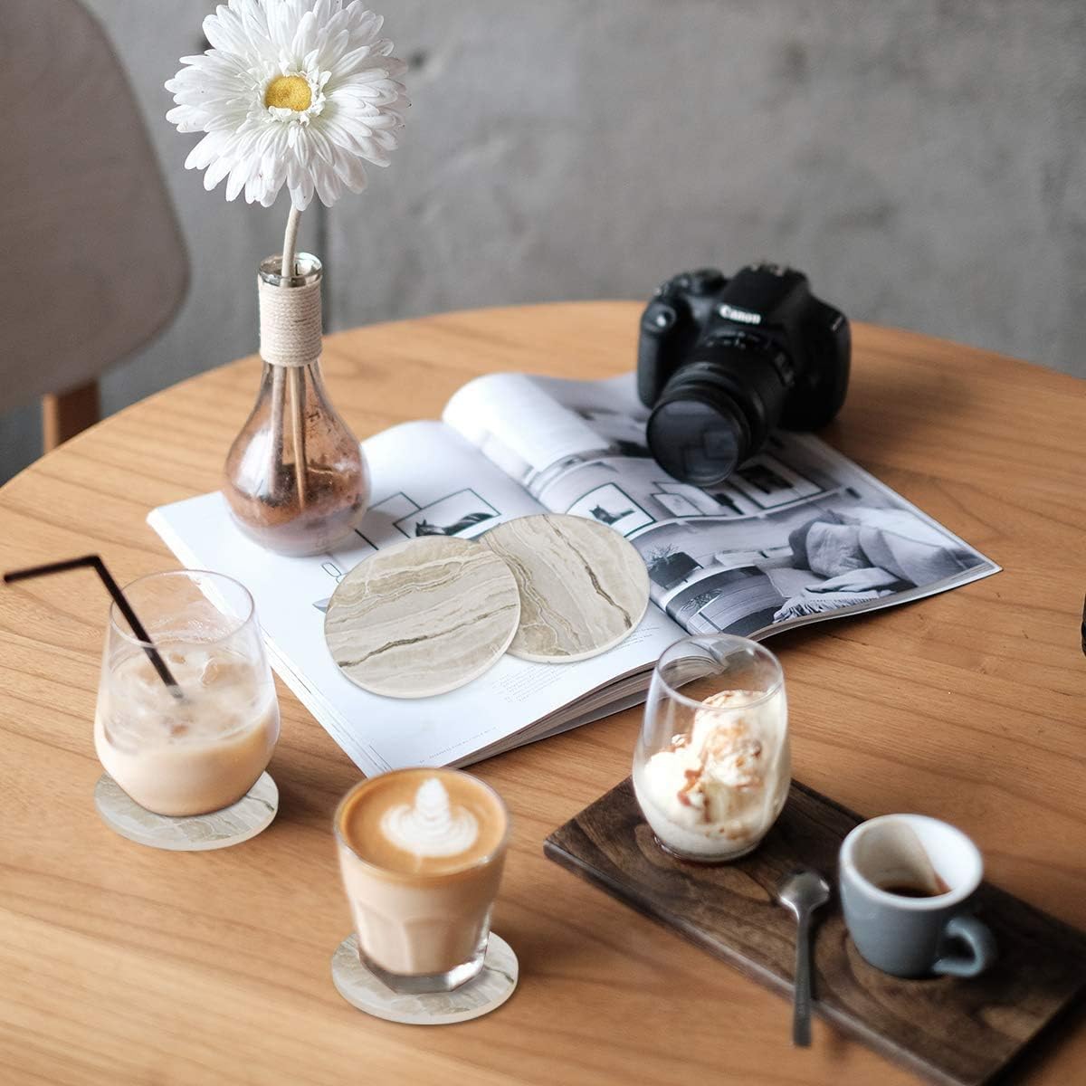 qplus drink coasters with holder, absorbent coaster sets of 6, marble style ceramic drink coaster for tabletop protection,suitable for kinds of cups, wooden table