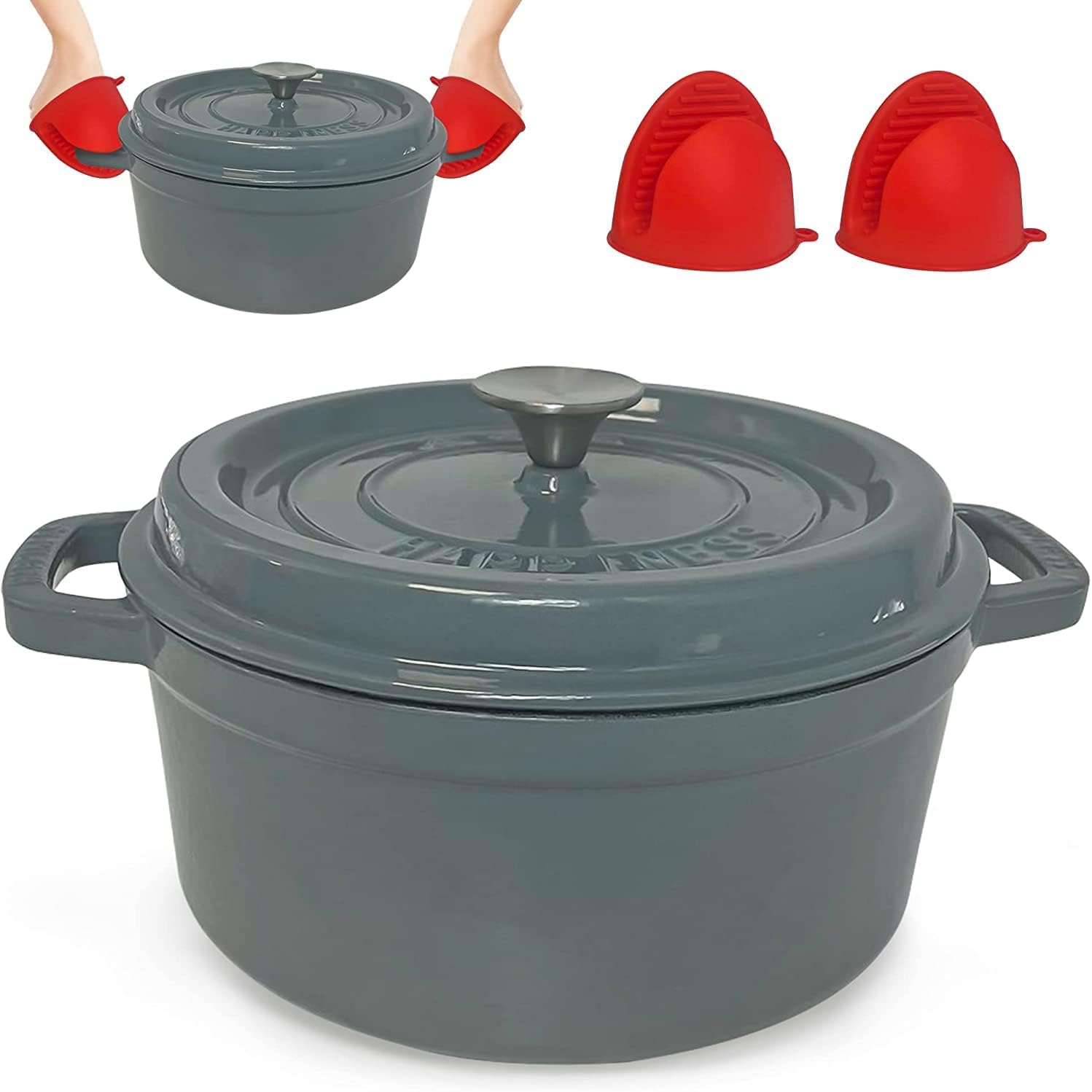 empire cast iron dutch oven pot, pre seasoned 4.2 quart – 25cm diameter non stick dutch oven pot with lid, silicone handles, heavy duty cast iron pot for stews, baking, braising, roasting