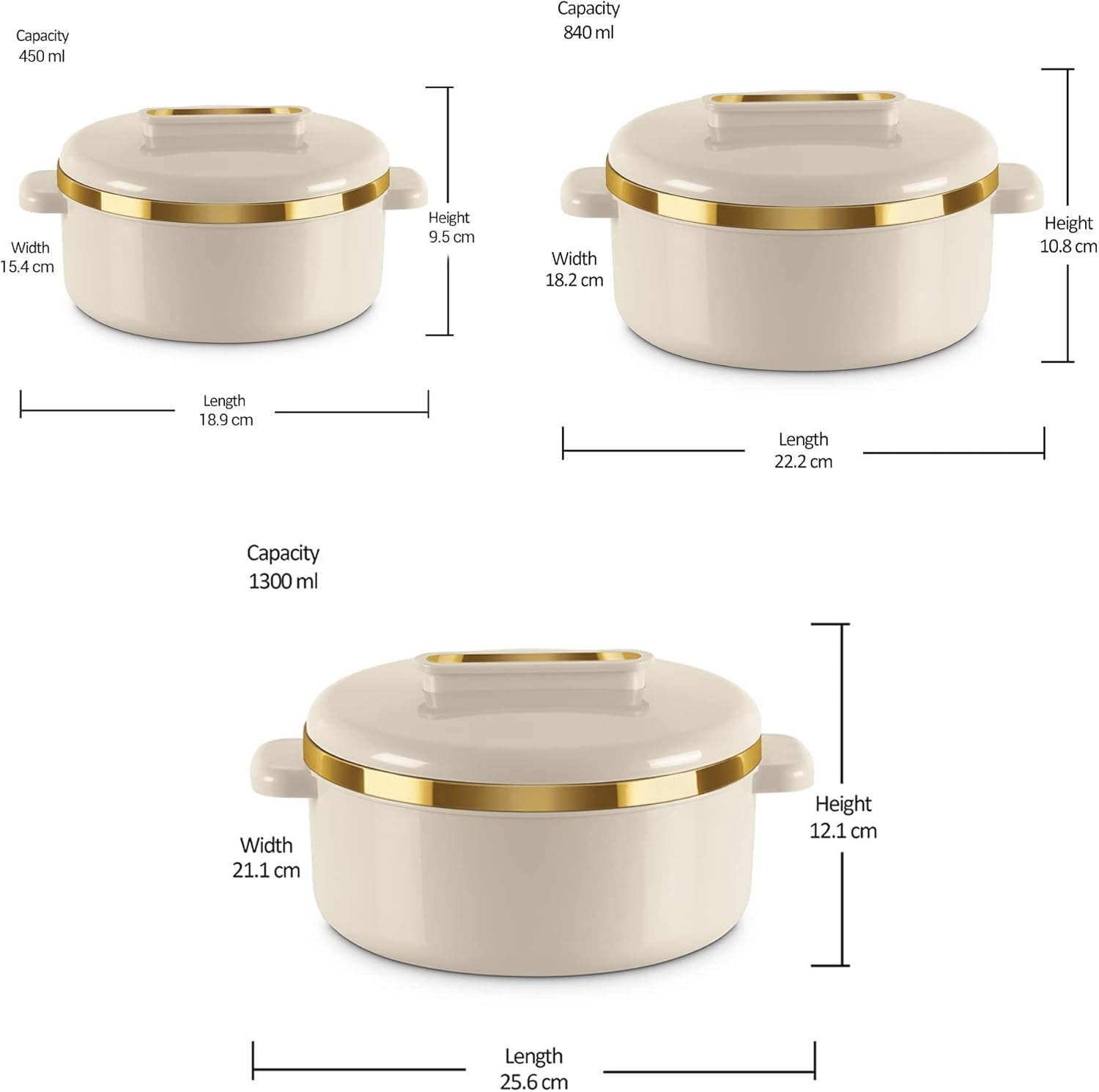 milton casserole set (450/840/1300ml) insulated stainless steel hotpot with lids, food grade, hotbox storage container for serving chapati, roti, حرارات لحفظ الطعام curve ivory