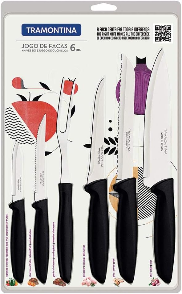tramontina 6 pcs knife set stainless steel sharp professional kitchen chef cooking knives set with black handles