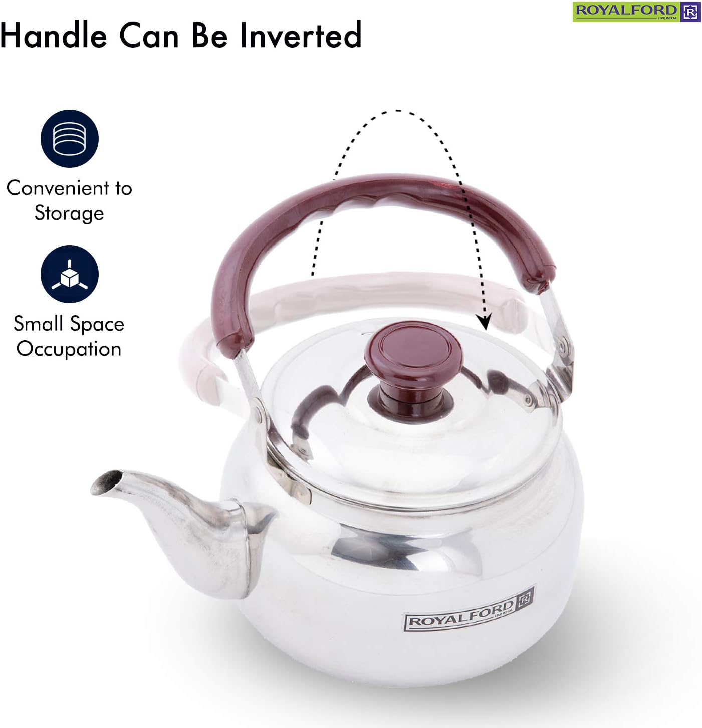 royalford 2 liter stove top tea kettle – large capacity stainless steel stove top tea pot tea coffee pot ideal for home office & hotel – compact & stylish design with heat resistant handle