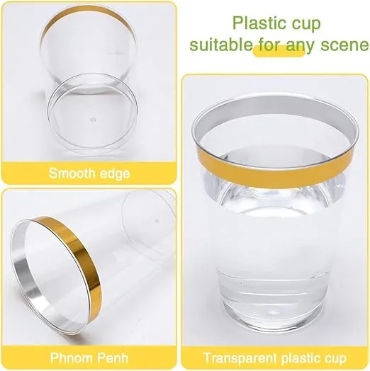 TOMVAES 50 Pack Plastic Cups,Gold Rimmed Disposable Cups,Reusable Clear Party Cups Tumblers,Wine Glasses for Celebrations, Weddings, Picnics, Parties, Camping, Birthdays