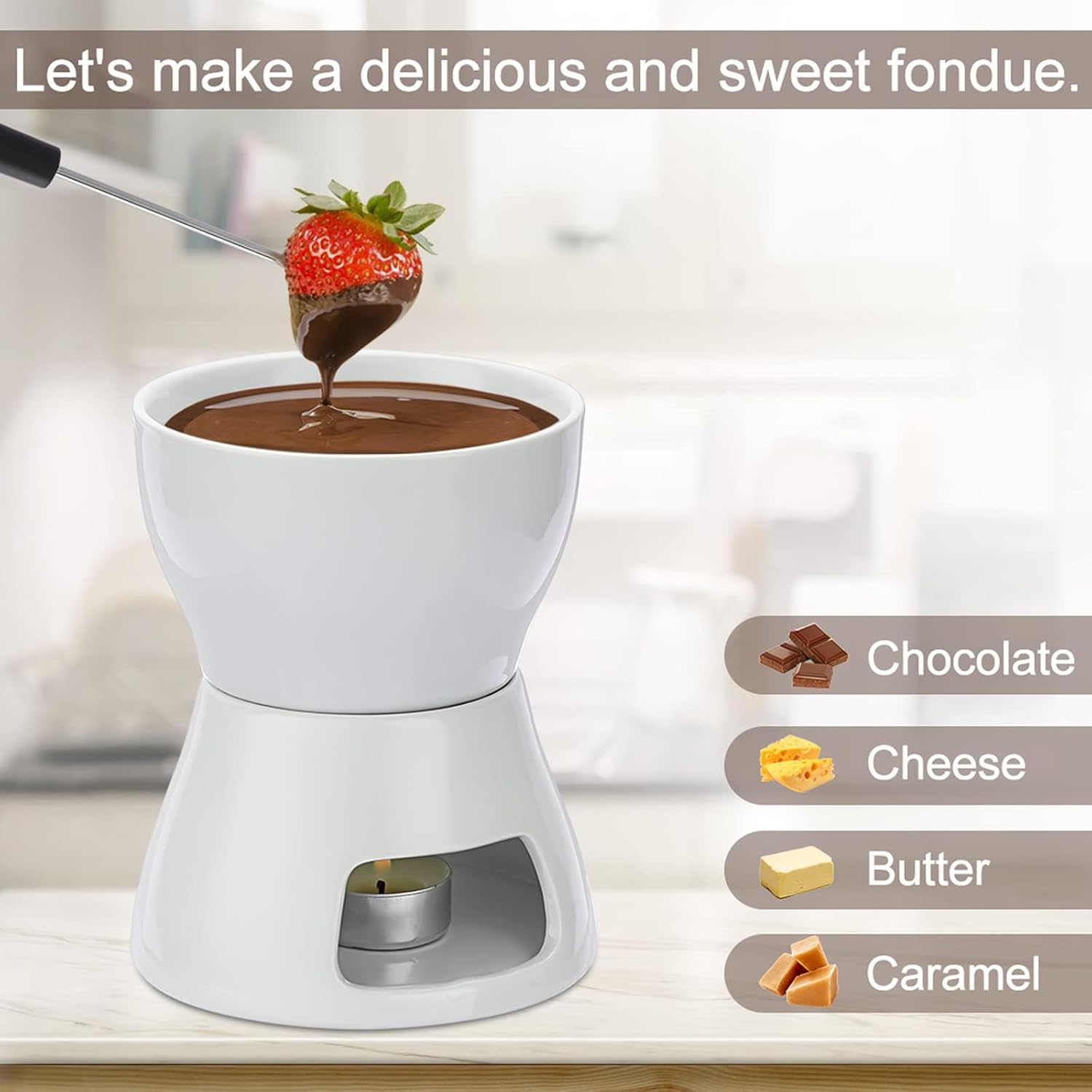 syosi chocolate fondue pot, ceramic chocolate melting pot, candle heating chocolate fondue set with 4 forks diwali for chocolate/cheese/butter/candy, ceramic chocolate melter, diy kitchen tools