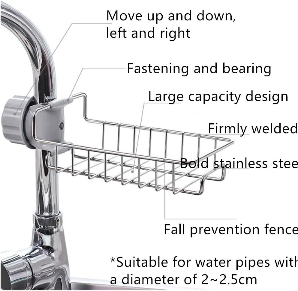 vecu kitchen faucet sponge holder stainless steel sink caddy organizer drain rack for kitchen accessories dishwashing liquid drainer rack bottle brush storage silver, ga 1 spong holder
