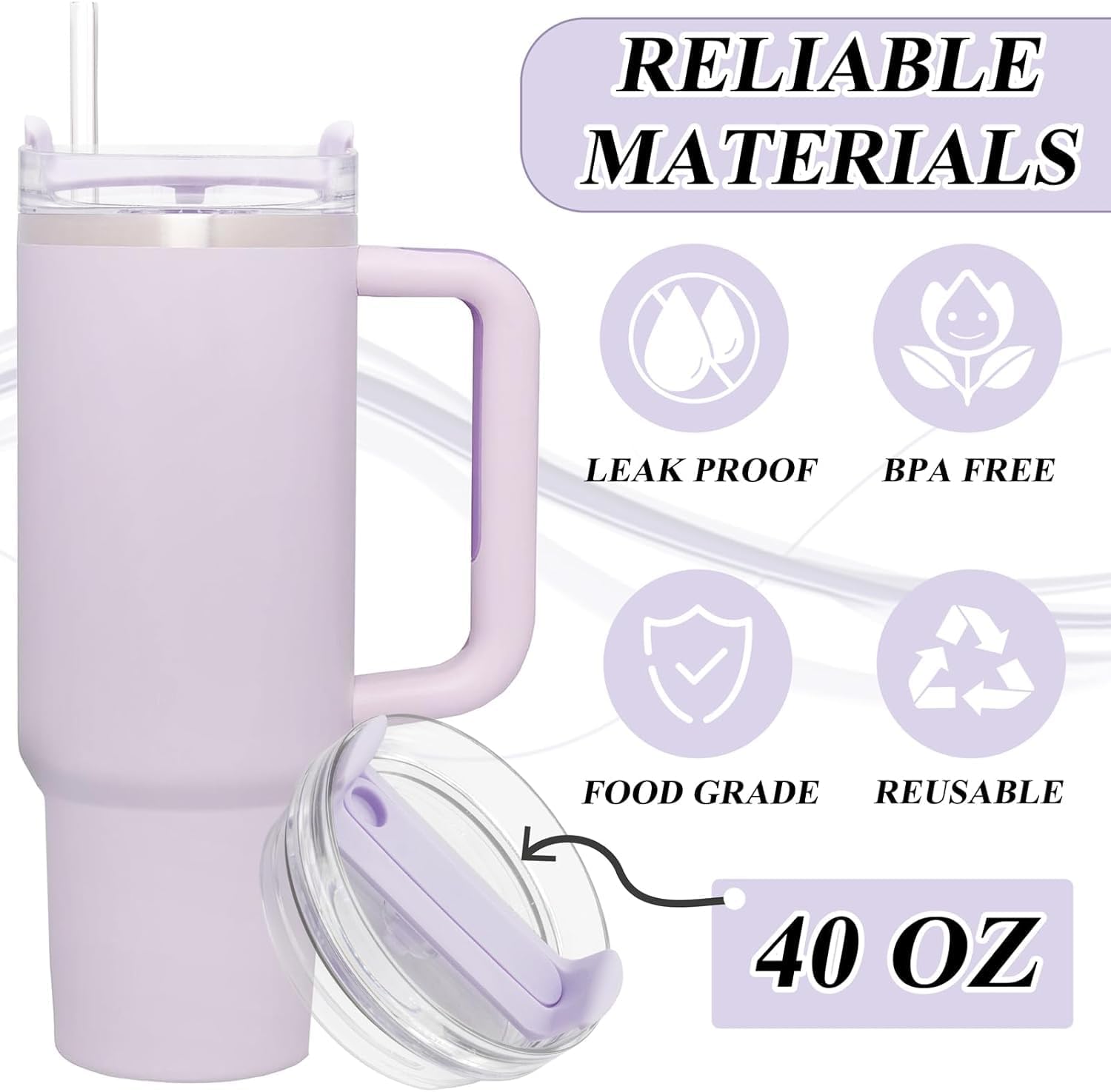 2pack 40 oz stanley cup lid, spill and spill resistant non tipping lid, stanley non tipping replacement lid with straw, cleaning brush and straw accessory(purple, 40oz)