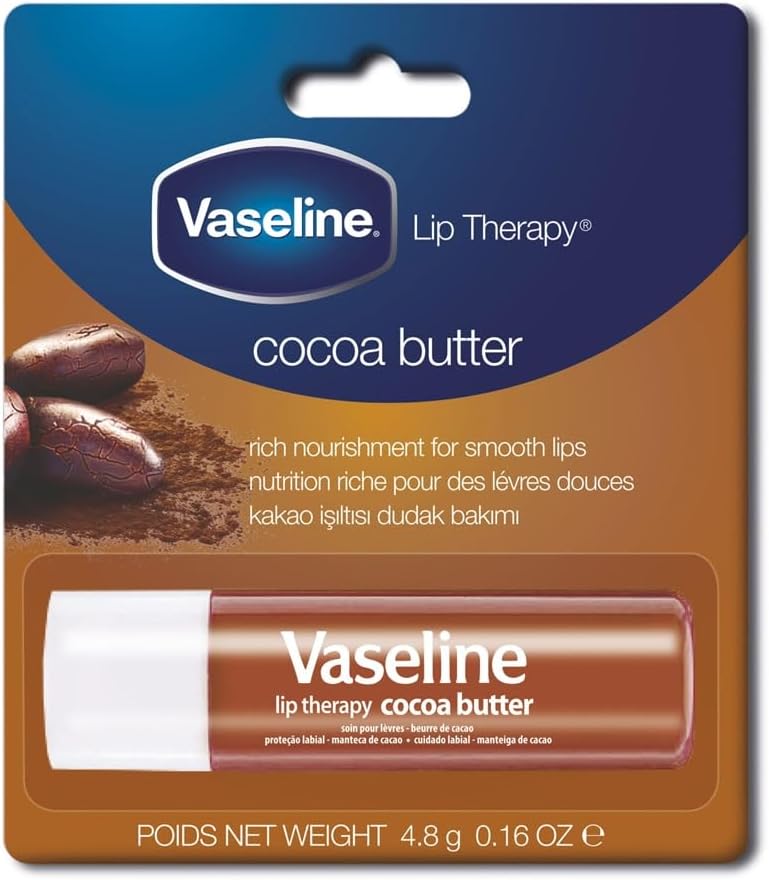 vaseline lip therapy cocoa butter lip balm with pure jelly| cocoa butter & shea butter for soft & glowing lips| nourishes & protects lips| non greasy lip moisturizer for naturally tinted lips| 4.8 gm